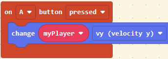 MakeCode Arcade blocks that make the player jump when the A button is pressed