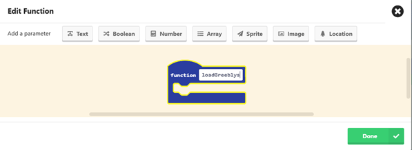 MakeCode Arcade dialog used to name the loadGreeblys function
