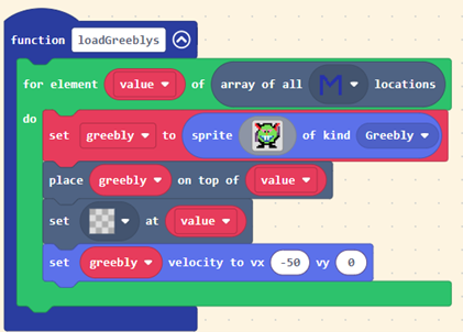 Completed MakeCode Arcade function for loading an enemy