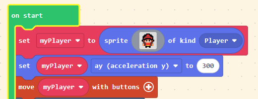 Completed MakeCode Arcade blocks for setting up the player sprite and movement
