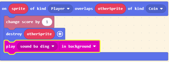 MakeCode Arcade blocks that check whether the player touches a coin sprite
