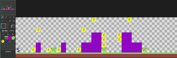 Initial platformer level created in the MakeCode Arcade tilemap editor