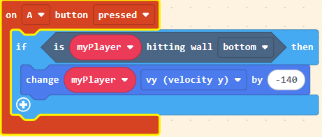 MakeCode Arcade blocks for coding a single jump