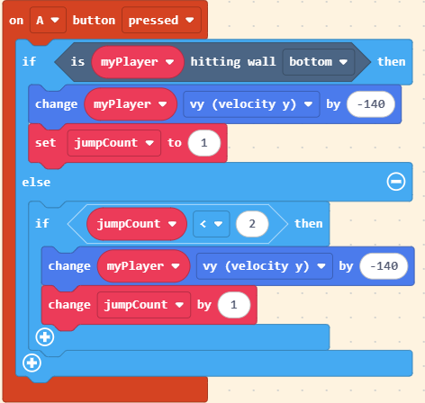 MakeCode Arcade blocks for coding a double jump